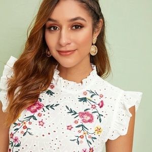 Spring Boho Cute Ruffle Trim Floral Embroidered Top Eyelet White/Multi Medium